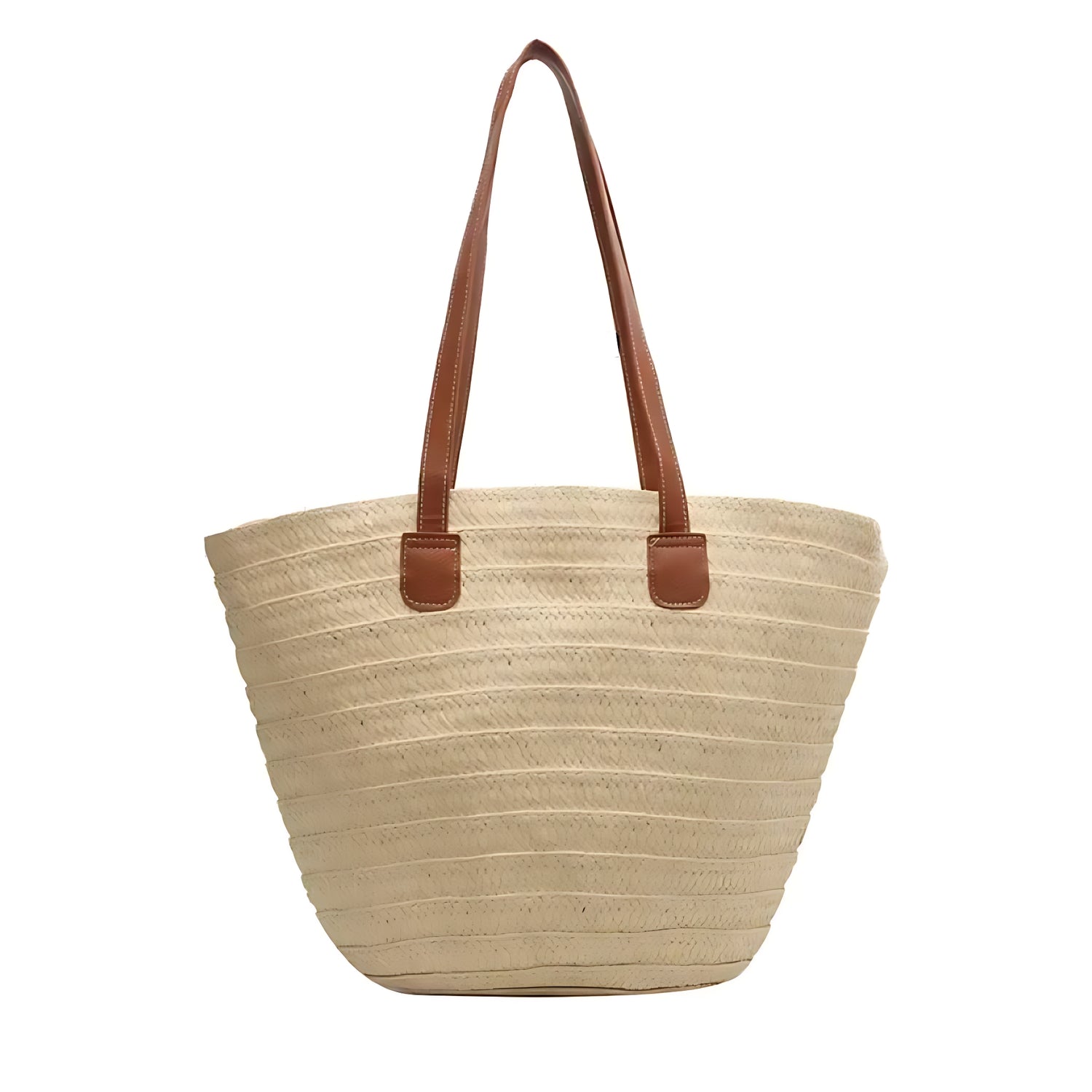 Sac panier tressé beige avec anses en cuir et fermeture éclair robuste