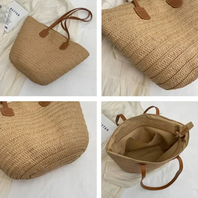 4 photos du Sac panier tressé avec anses en cuir et fermeture éclair.