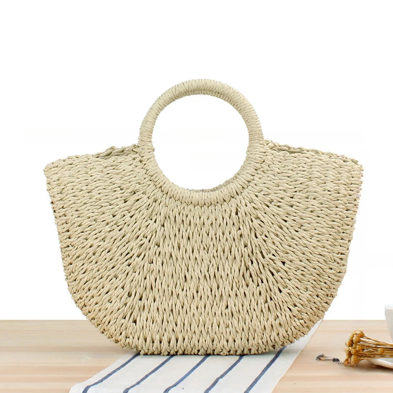 Sac panier tressé beige avec anses rondes