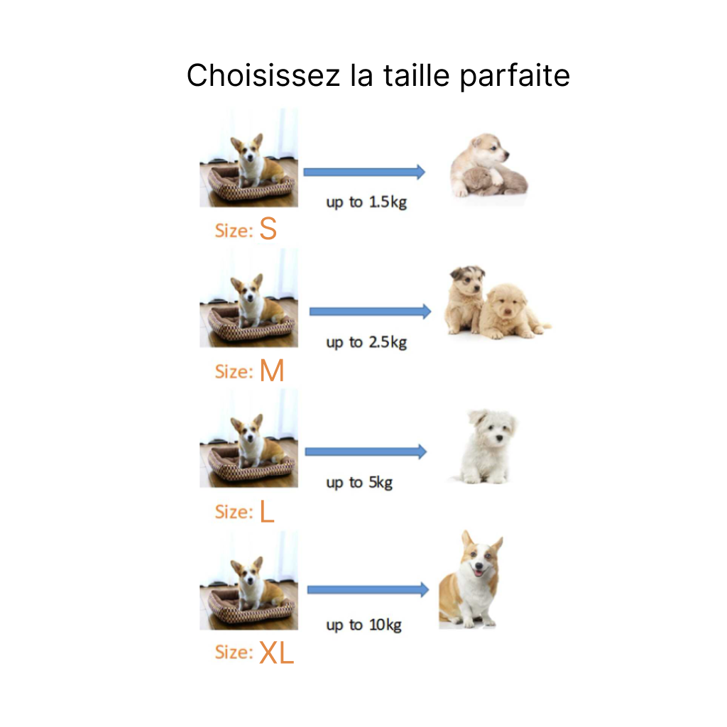 Tableau comparatif des tailles de chien pour le panier marron à carreaux