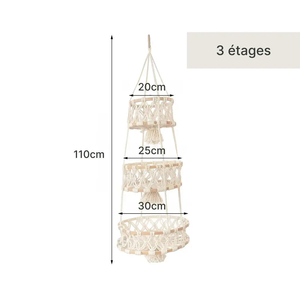 dimensions du Panier à fruit à étage en macramé à 3 étages