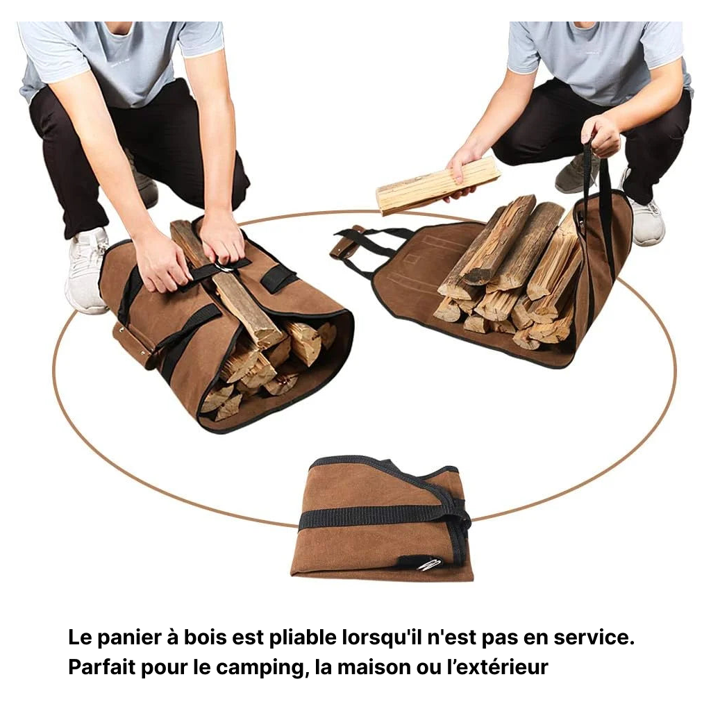 Panier à bois marron en tissu avec sangles renforcées très pratique