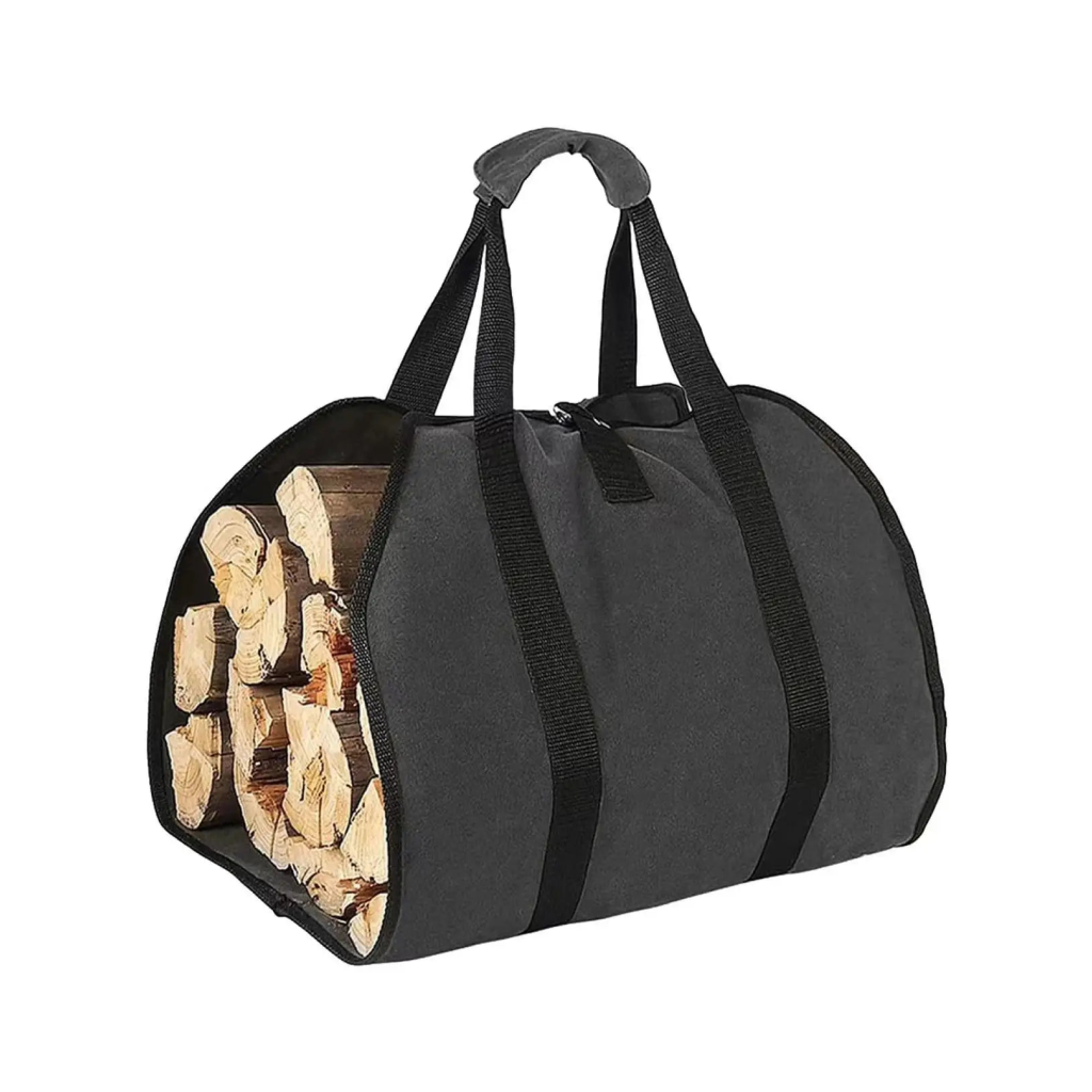 Panier à bois noir en tissu avec sangles renforcées durable