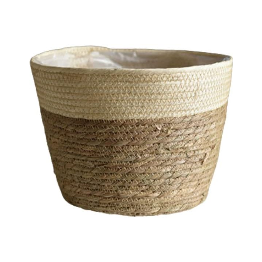 Panier cache pot en jonc de mer avec bordure colorée beige