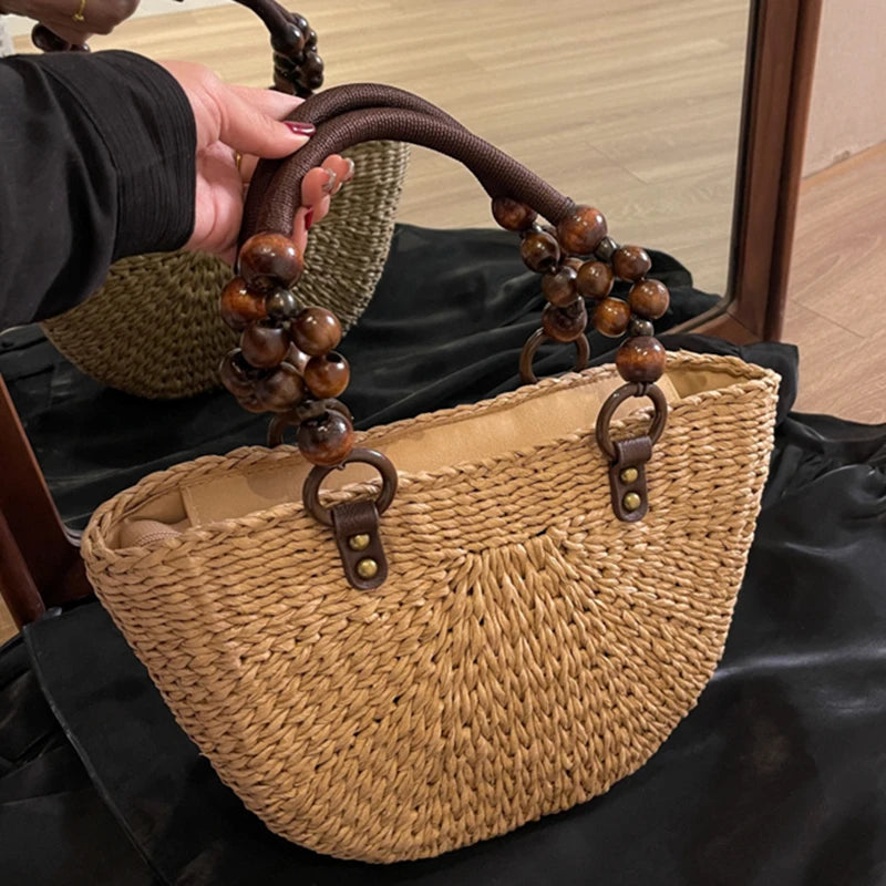 Authentique Sac panier cabas en paille avec poignées ornées de perles