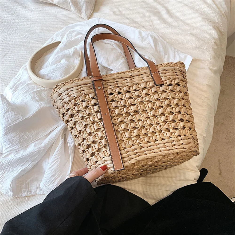 Sac panier cabas en osier tressé avec poignées