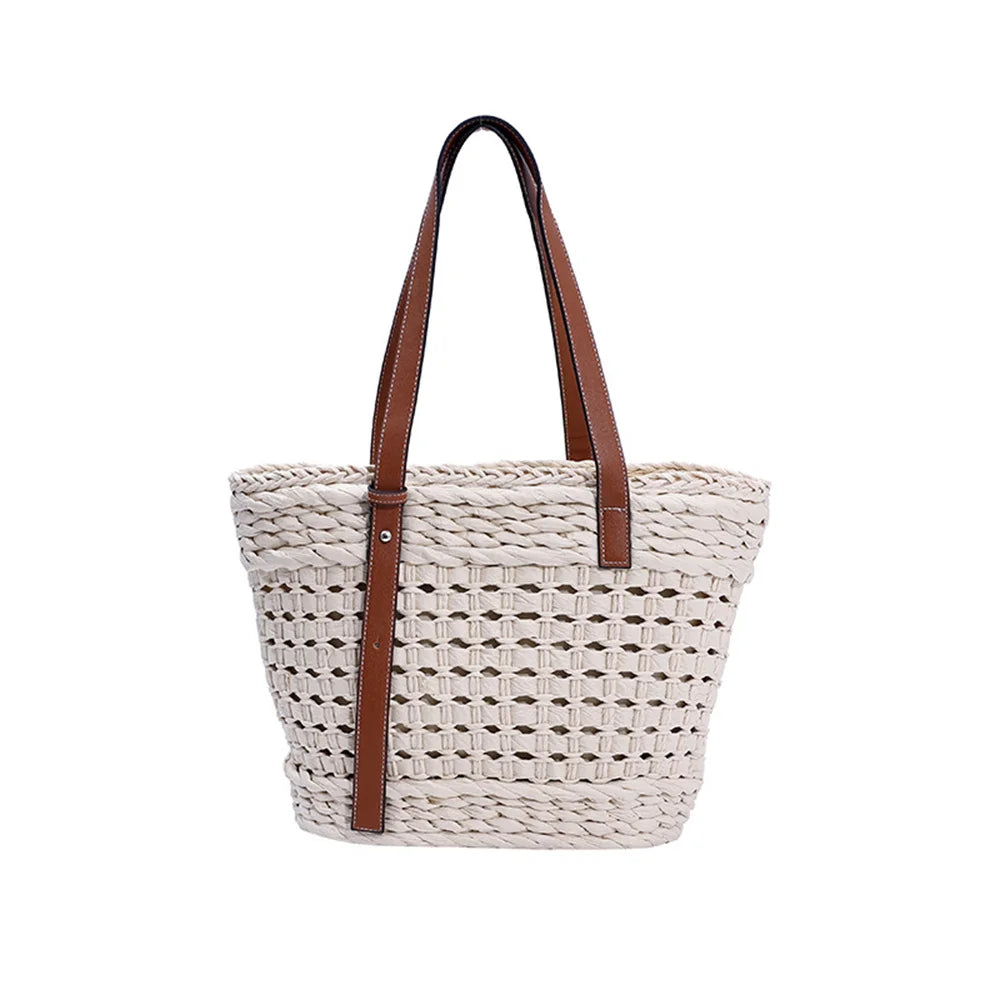 Sac panier cabas beige tressé avec poignées