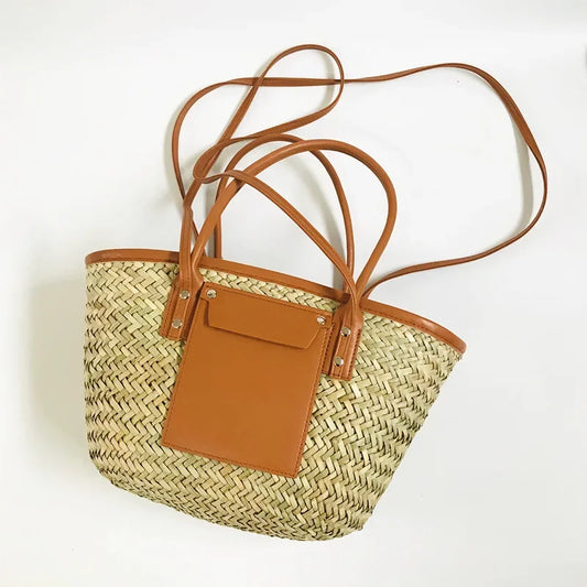 Sac panier en osier avec pochette en cuir marron