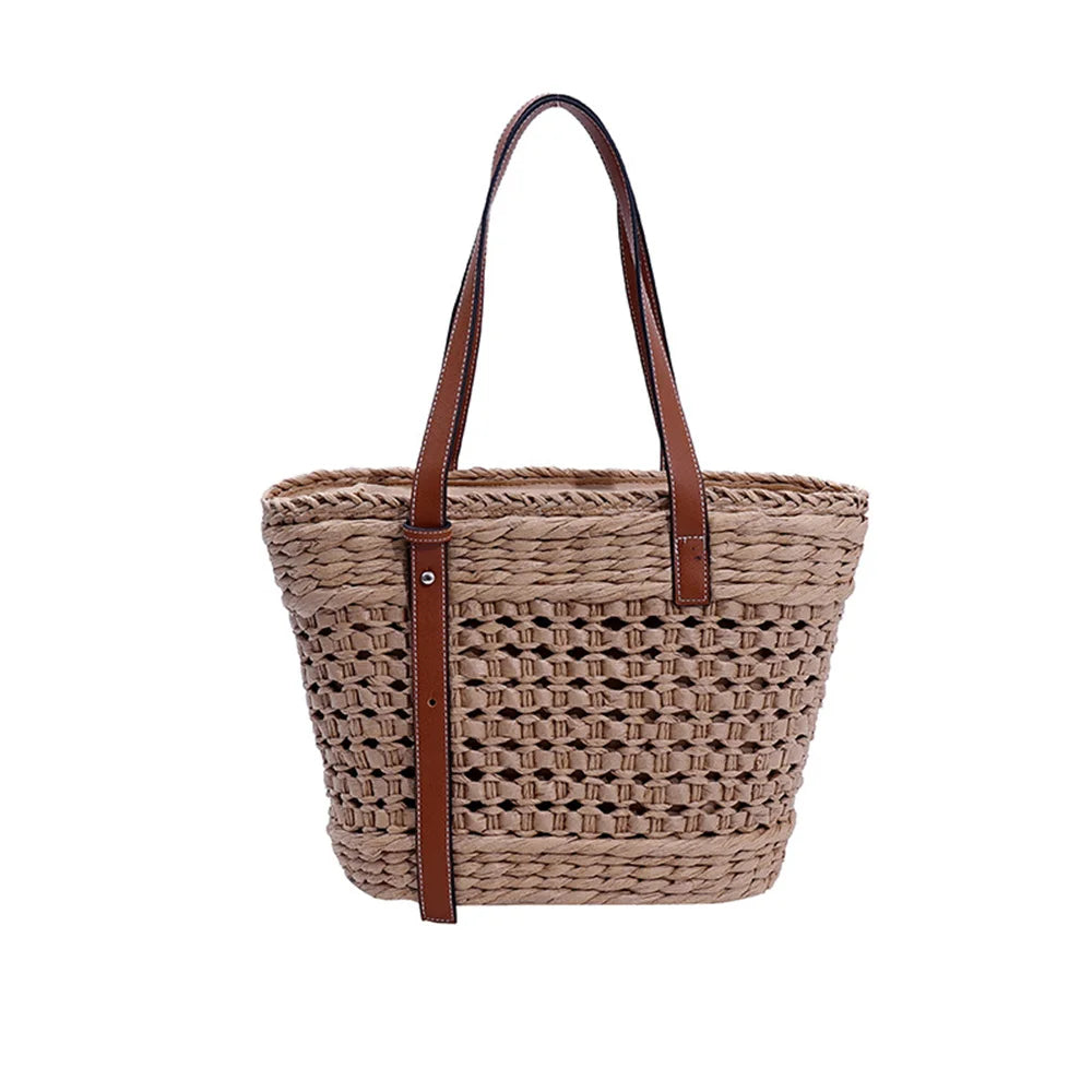 Sac panier cabas marron tressé avec poignées en cuir