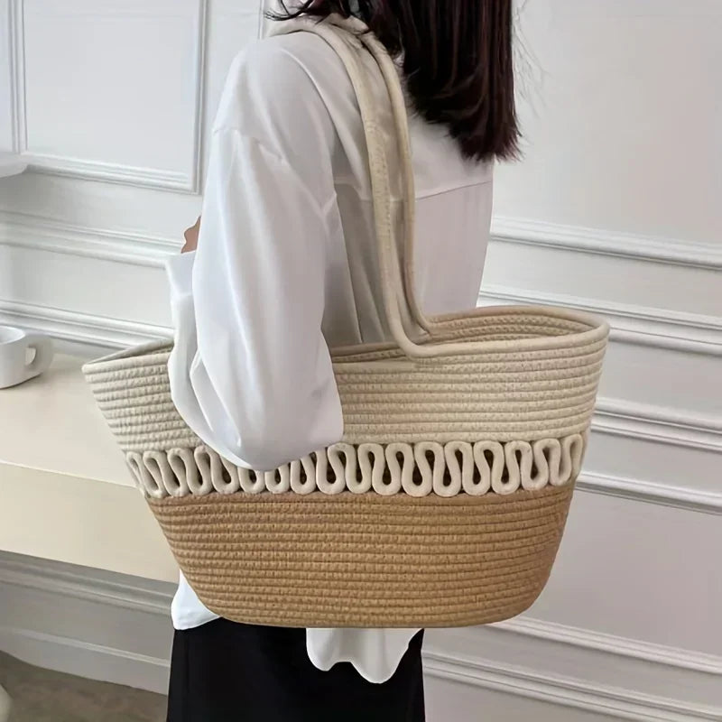 Sac panier tressé bicolore avec motif ondulé robuste