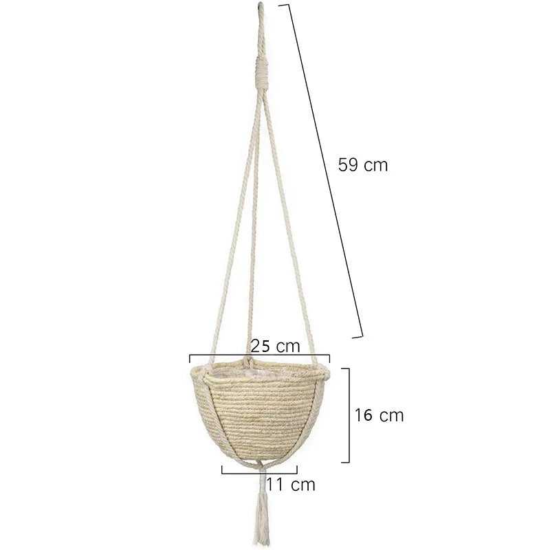 Dimensions du Panier cache pot suspendu en jonc de mer avec pompons blanc