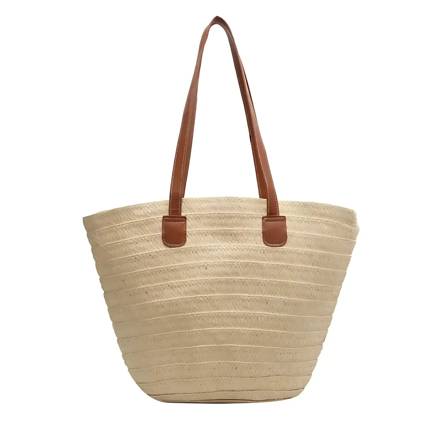 Sac panier tressé beige avec anses en cuir et fermeture Au