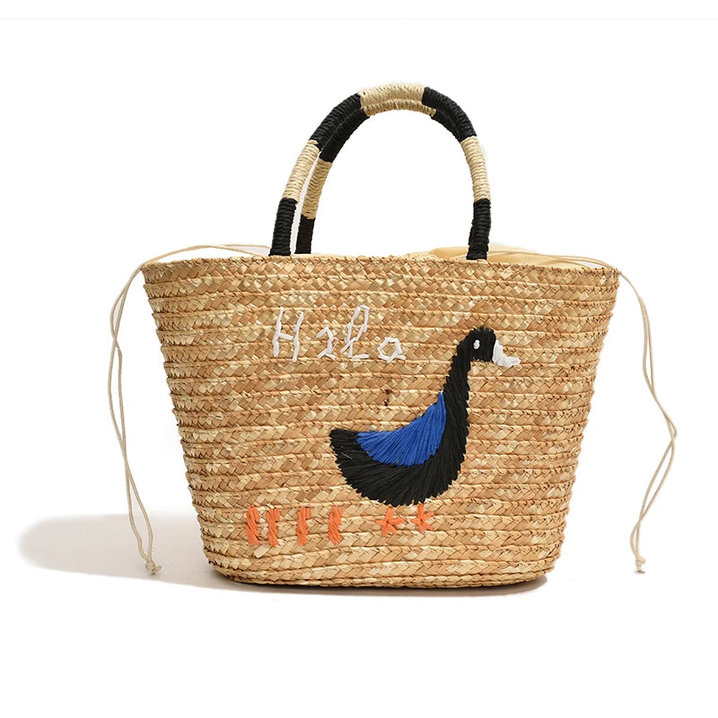 Panier sac cabas tressé avec broderie "Hola" chic