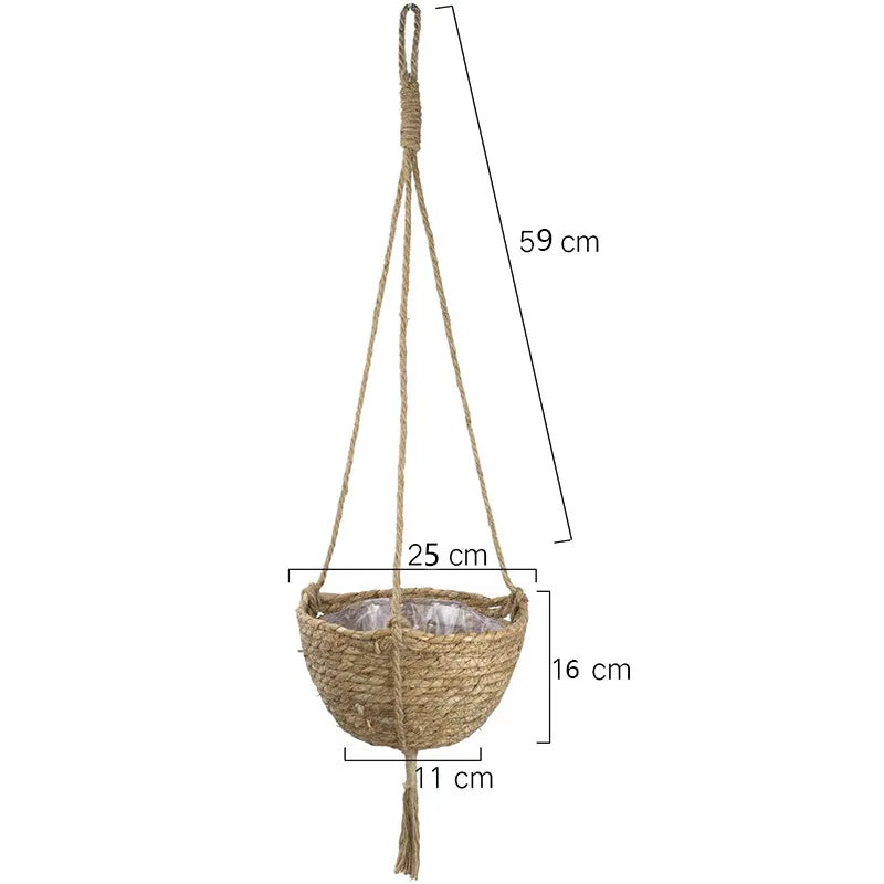 Dimensions du Panier cache pot suspendu en jonc de mer avec pompons marron