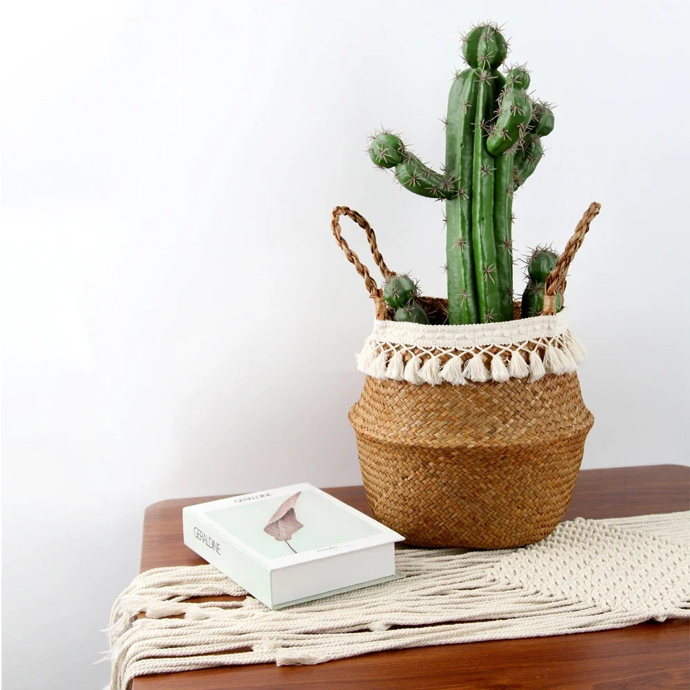 Panier marocain en jonc de mer tressé avec pompons blancs avec cactus