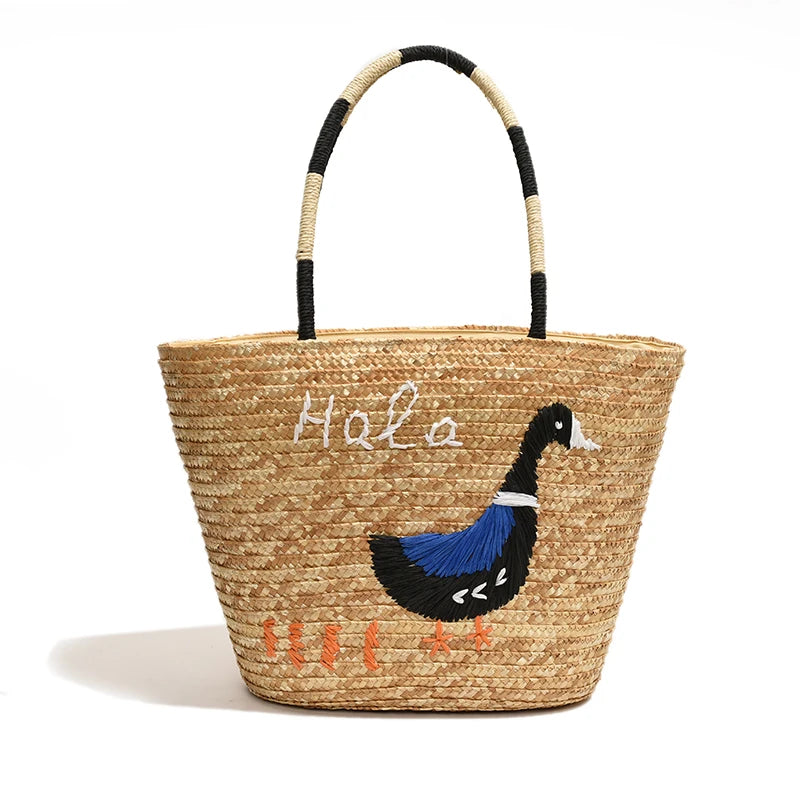 Panier sac cabas tressé avec broderie "Hola" pour la plage