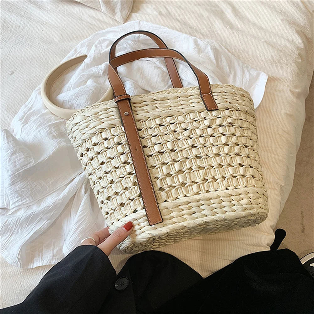 Sac panier cabas tressé avec poignées robustes