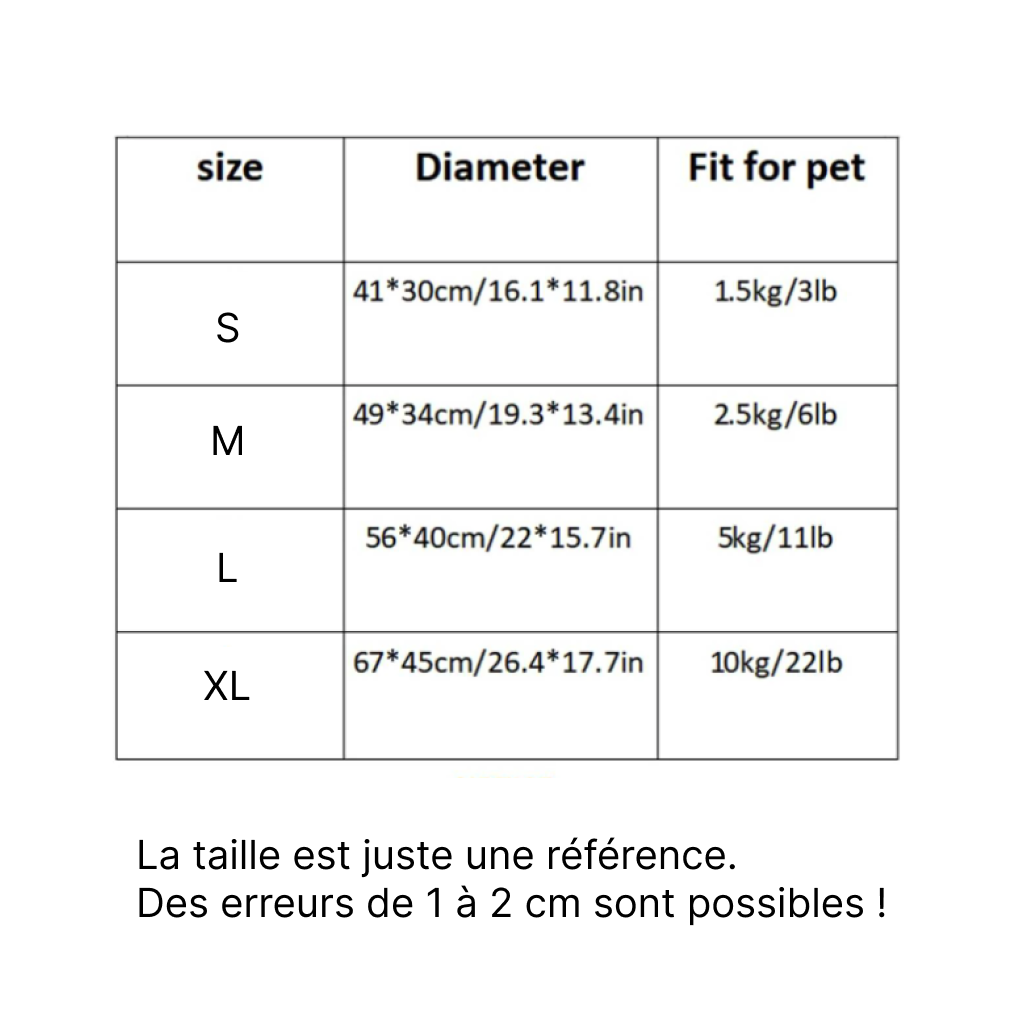 Tableau des tailles pour le panier marron