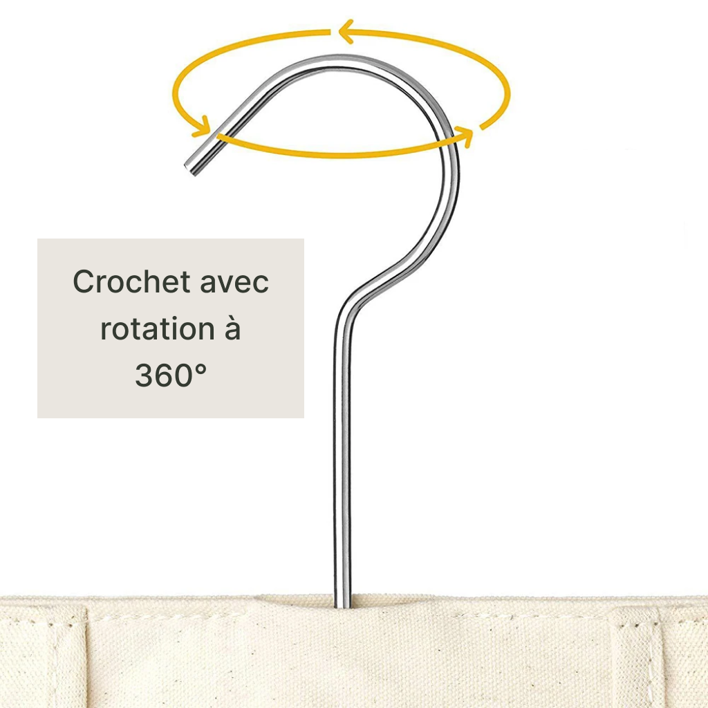 Zoom sur le crochet avec rotation du Panier suspendu blanc avec un cintre