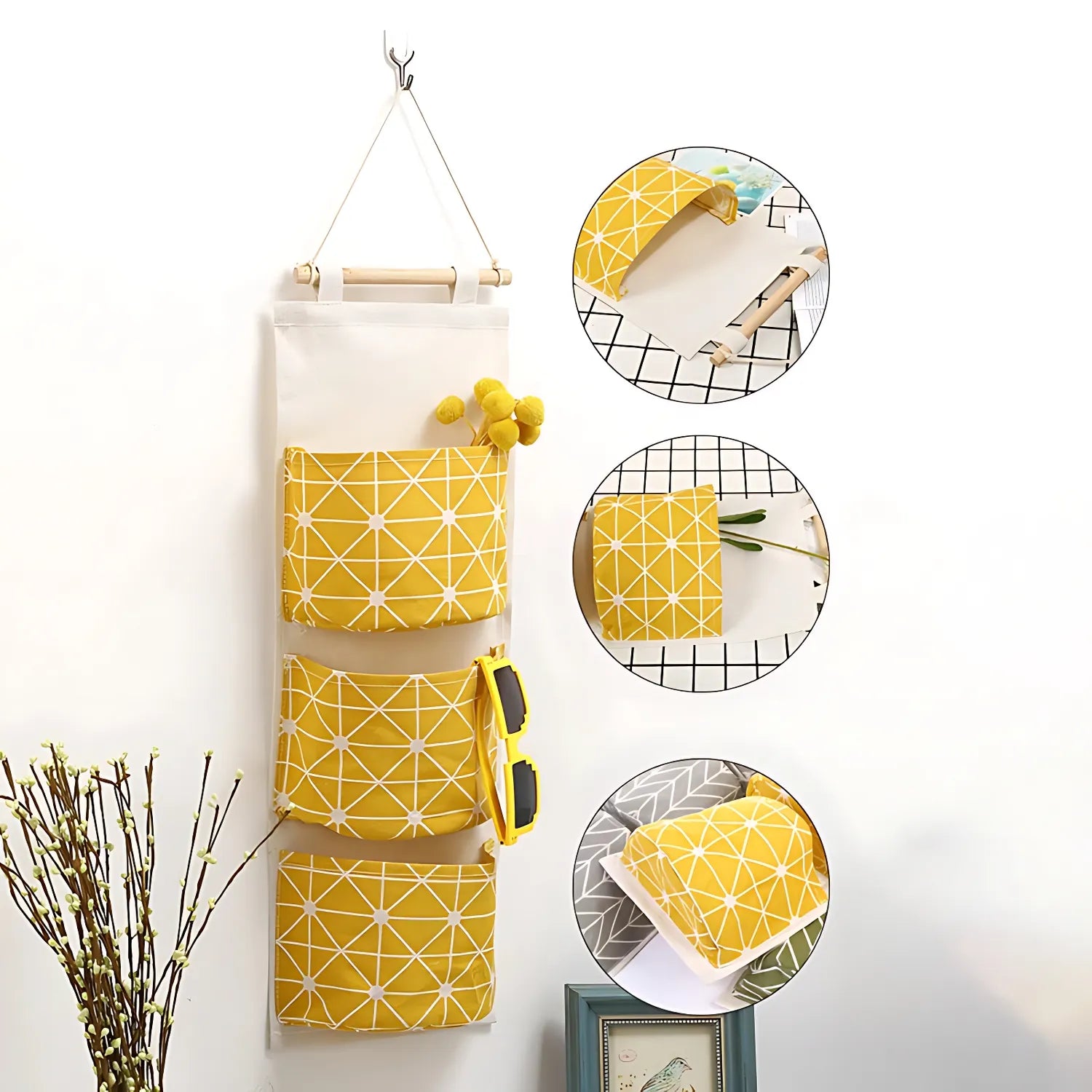 Panier suspendu jaune en tissu multi-poches colorées