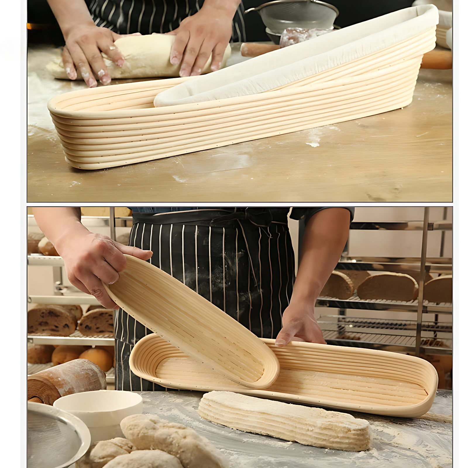 Boulanger utilisant son Banneton en forme de baguette pour faire son pain