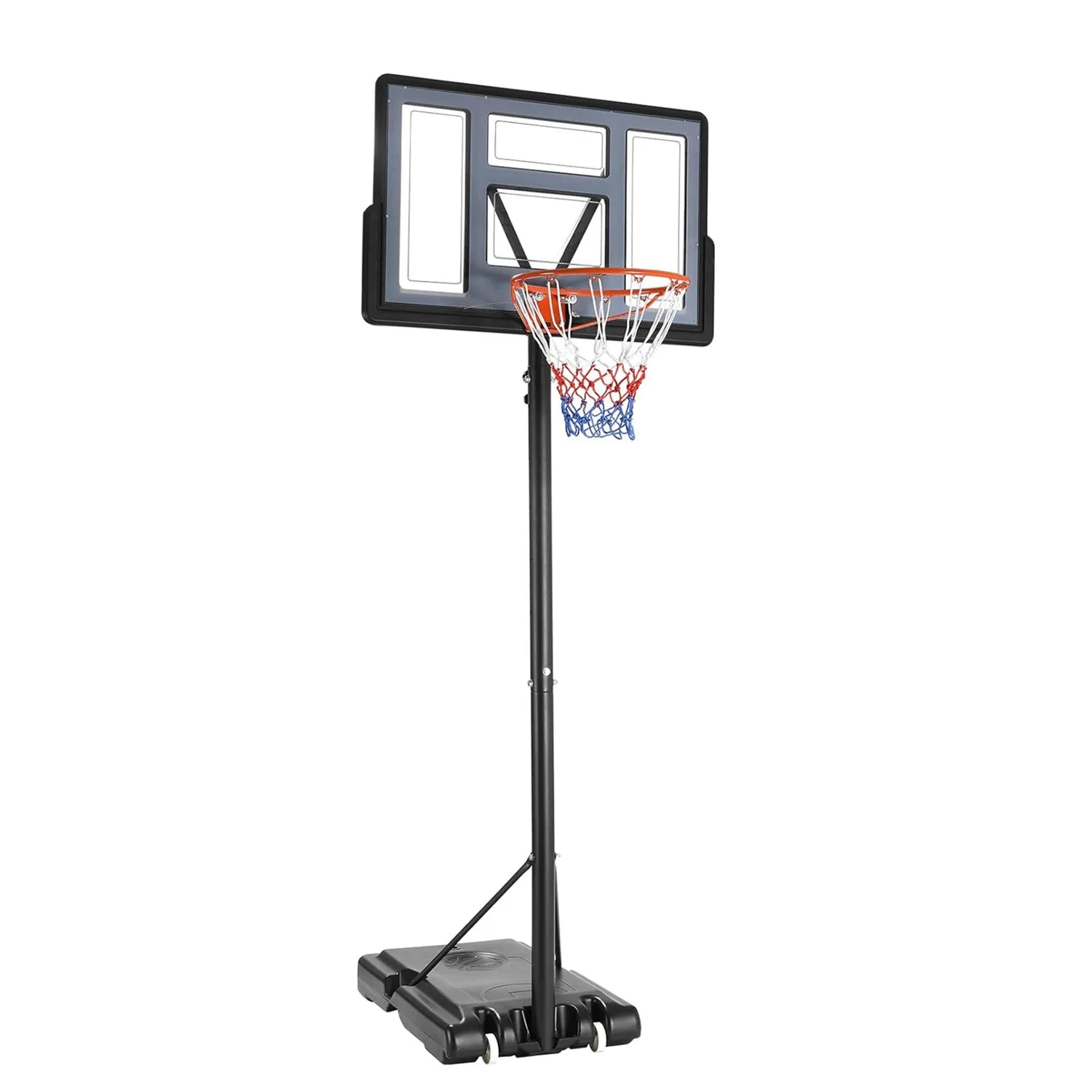 Panier de basket sur pied ajustable avec roulettes sur fond blanc