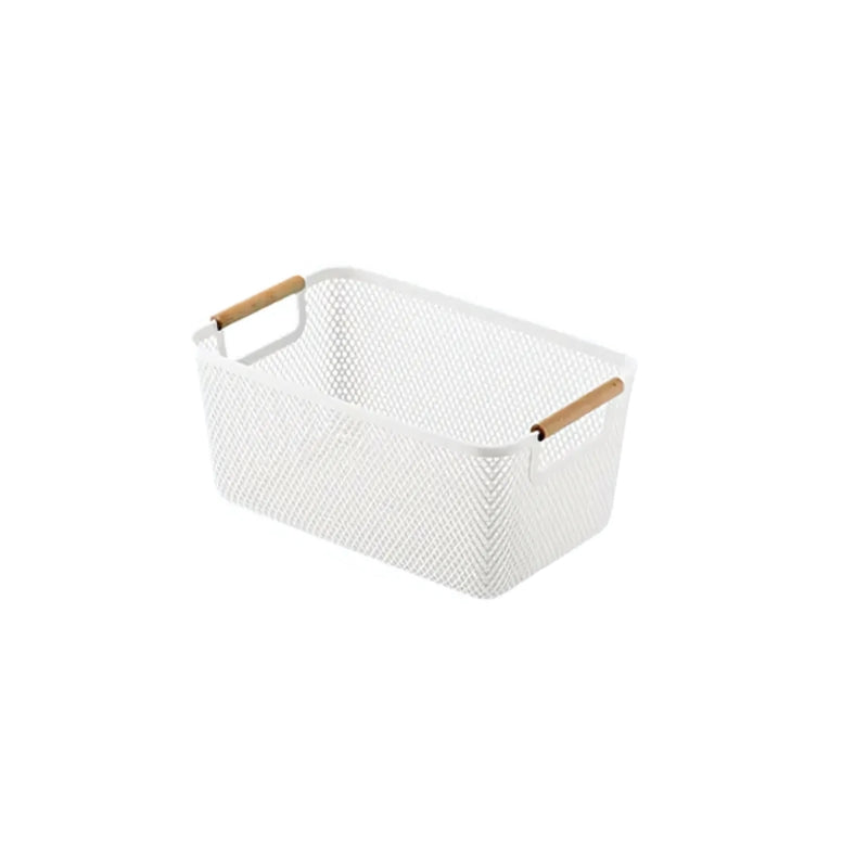 Panier de rangement salle de bain avec poignées en bois sur fond blanc