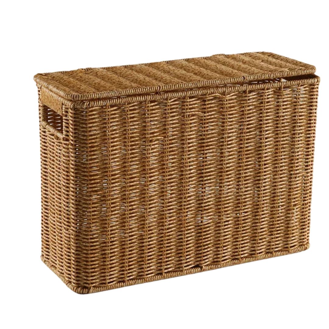 Panier effet osier rangement rectangulaire avec couvercle sur fond blanc