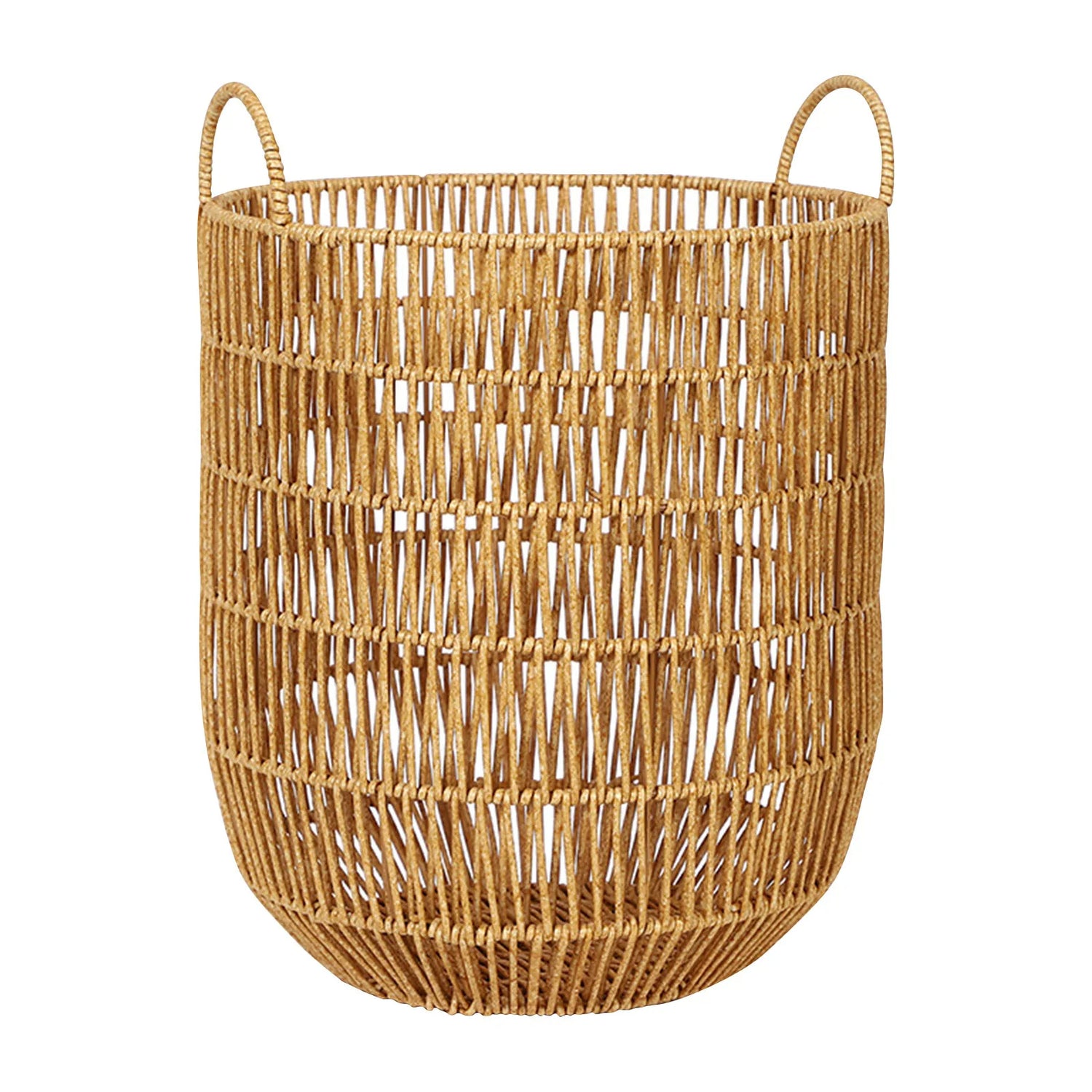 Panier à linge osier cylindrique et portable sur fond blanc