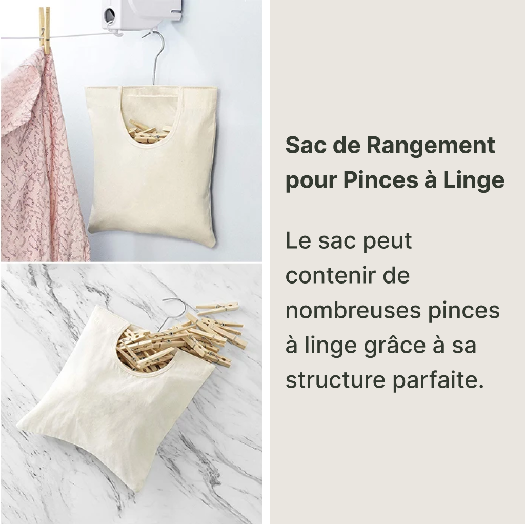 Panier suspendu blanc avec un cintre qui peut contenir des pinces à linge